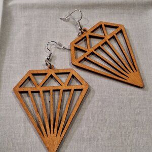 Wood Carved Diamond Design Earrings
